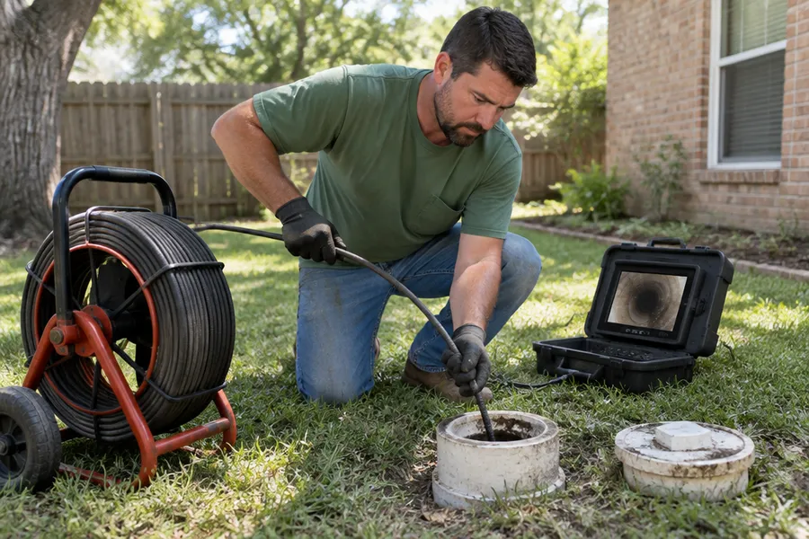 Plumber feeding a camera cable into a backyard sewer cleanout