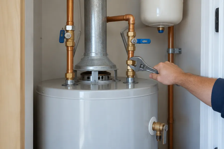 Gas water heater with copper pipes and a hand tightening a fitting with a wrench