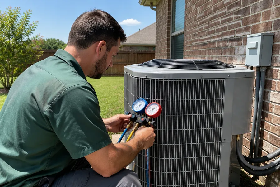 Technician reading gauges on an outdoor air conditioner unit beside a brick house